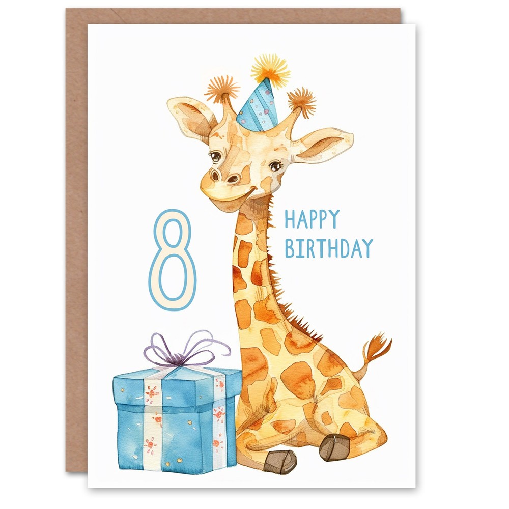 8th Birthday Card Cute Giraffe Party Hat Cartoon Fun Kids Age 8 Year Old Child