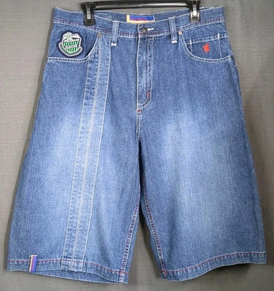Vtg Y2K Rocawear Baggy Denim Shorts Size 34 Hip Hop Red Stitch Logo Embellished