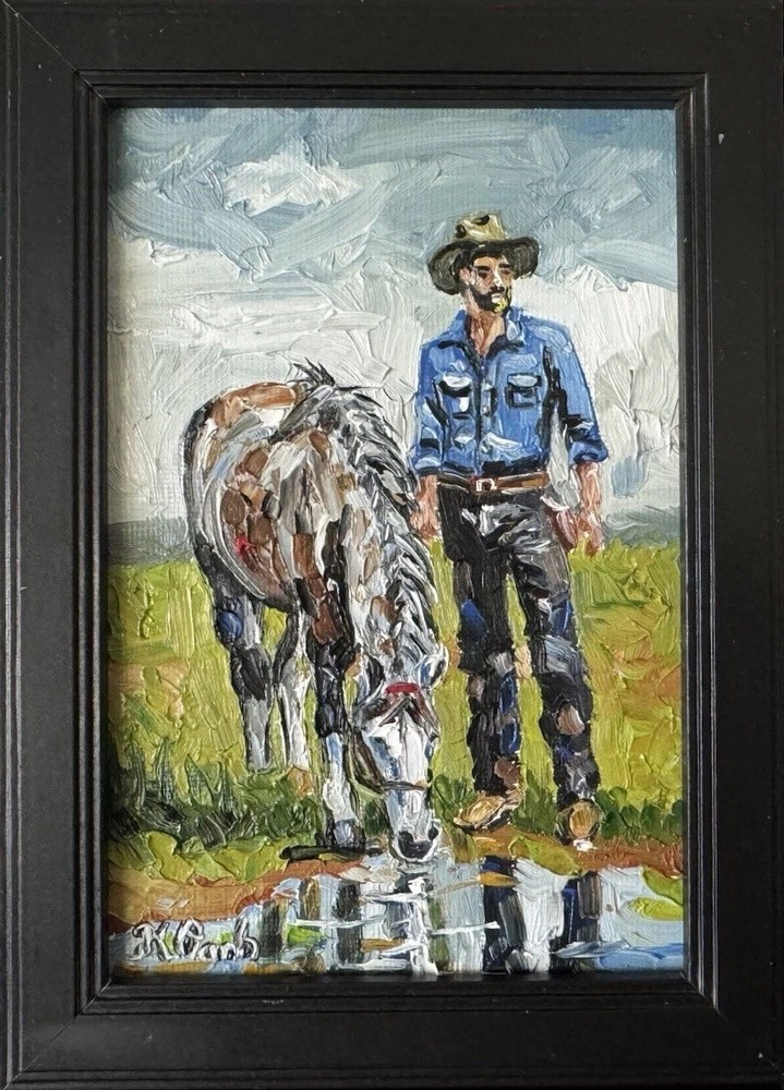 ORIGINAL OIL PAINTING WESTERN COWBOY ABSTRACT LANDSCAPE SIGNED FRAMED 4x6