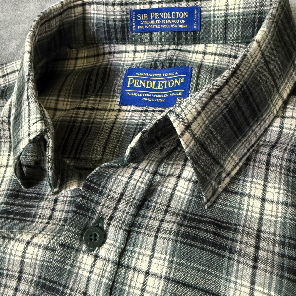 Pendleton Sir Pendleton Worsted Wool Plaid Shirt Mens Medium Green Black Button