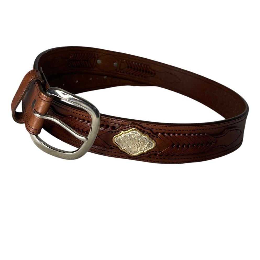 Justin's Tan Tooled leather Belt with silver plated accents Size 36