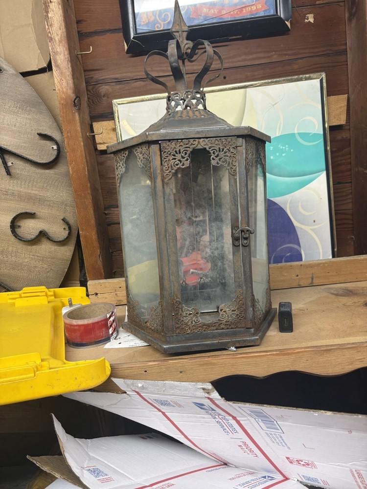 Vintage Hexagon Metal & Glass Tea Light Lantern, Antique Brown Hanging