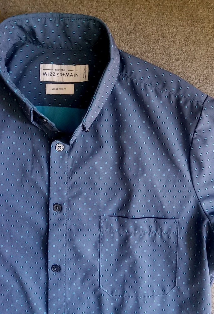 Mizzen + Main Leeward Shirt Men's L Blue Geometric Trim Fit Short Sleeve EUC