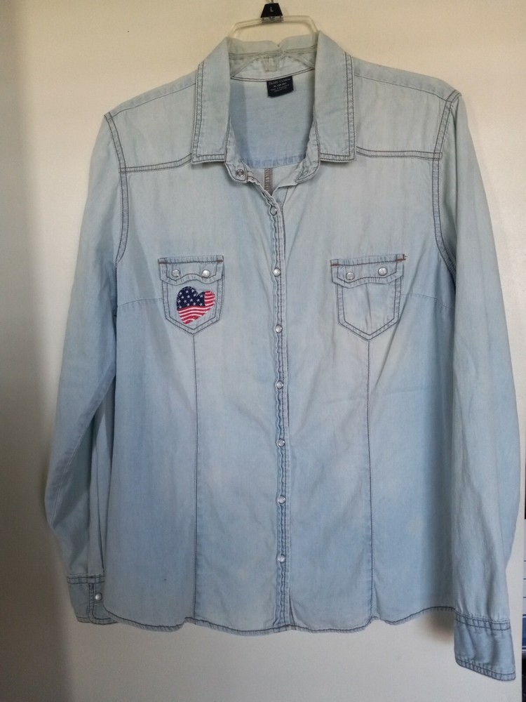 Faded Glory Women's Blue Vintage Long Sleeve Western Button-Down Shirt Top Sz XL