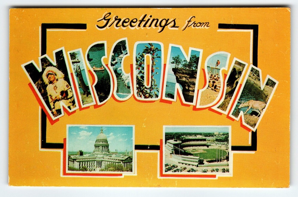 Greetings From Wisconsin Large Letter Postcard State Stadium Buildings Vintage