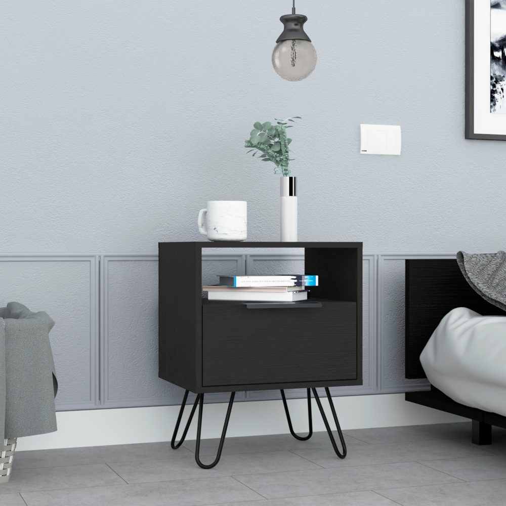 Modern Black Nightstand with Hairpin Legs Open Shelf and Single Door Cabinet 22H  
