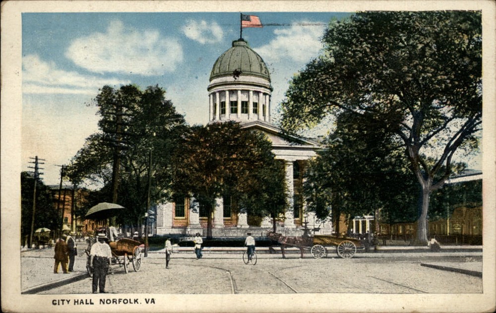 City Hall Norfolk Virginia dome flag horse wagon ~ 1920s vintage postcard