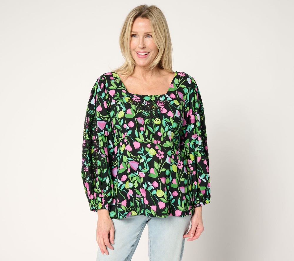 Susan Graver Women's Top Sz L PURE Embroidered Printed Multi-colored A707199