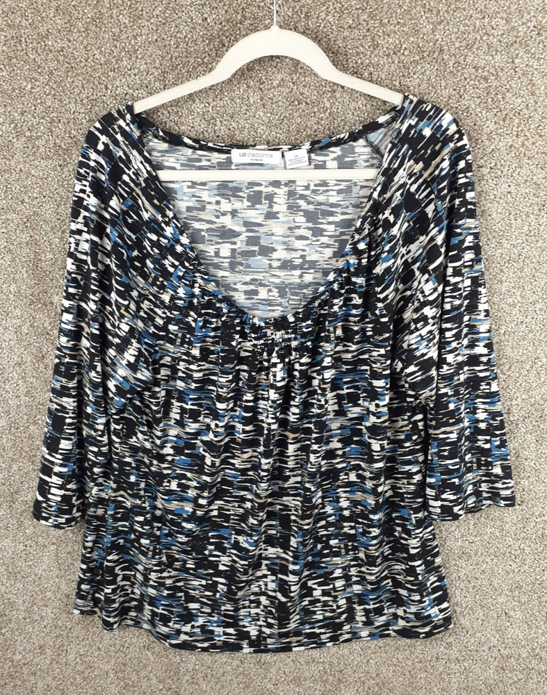 Liz Claiborne Knit Blouse Womens 1X Plus Blue Black Scoop Neck 3/4 Sleeve Casual