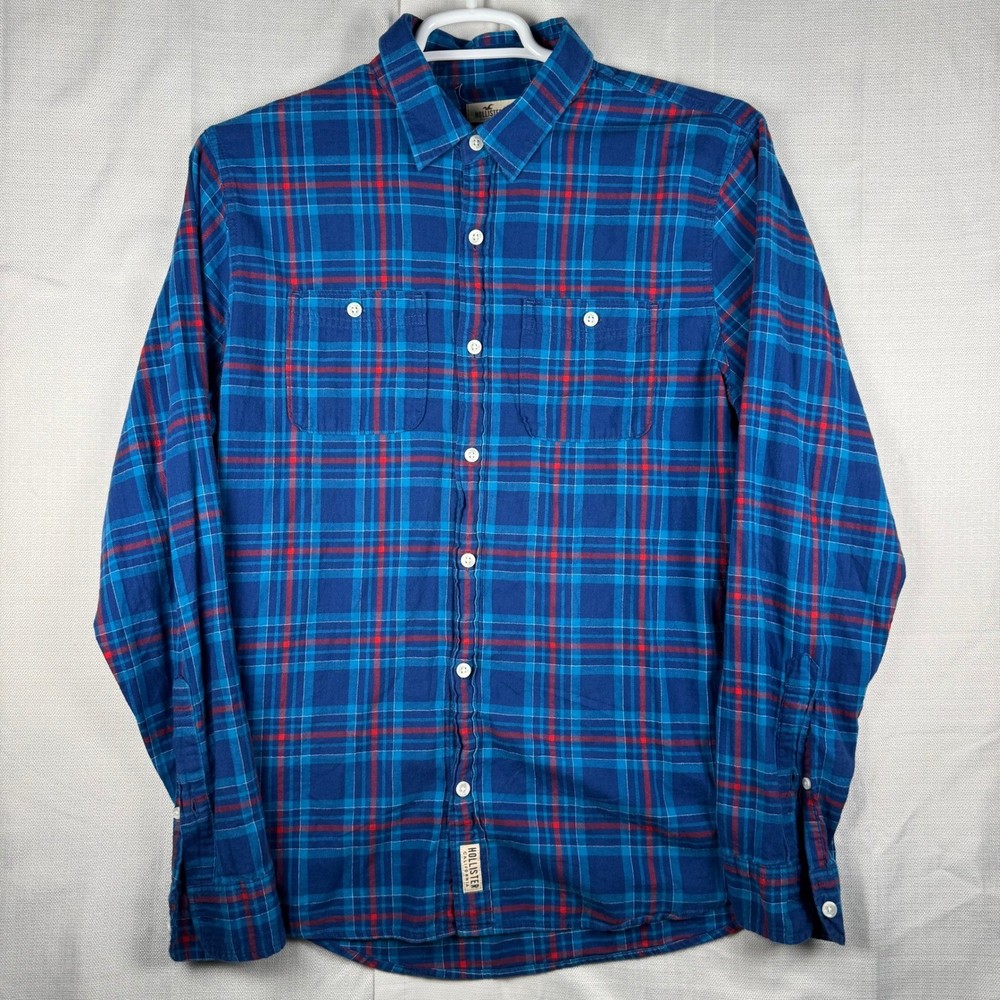Hollister Mens XL Blue Red Plaid Flannel Button Down Shirt Long Sleeve Cotton