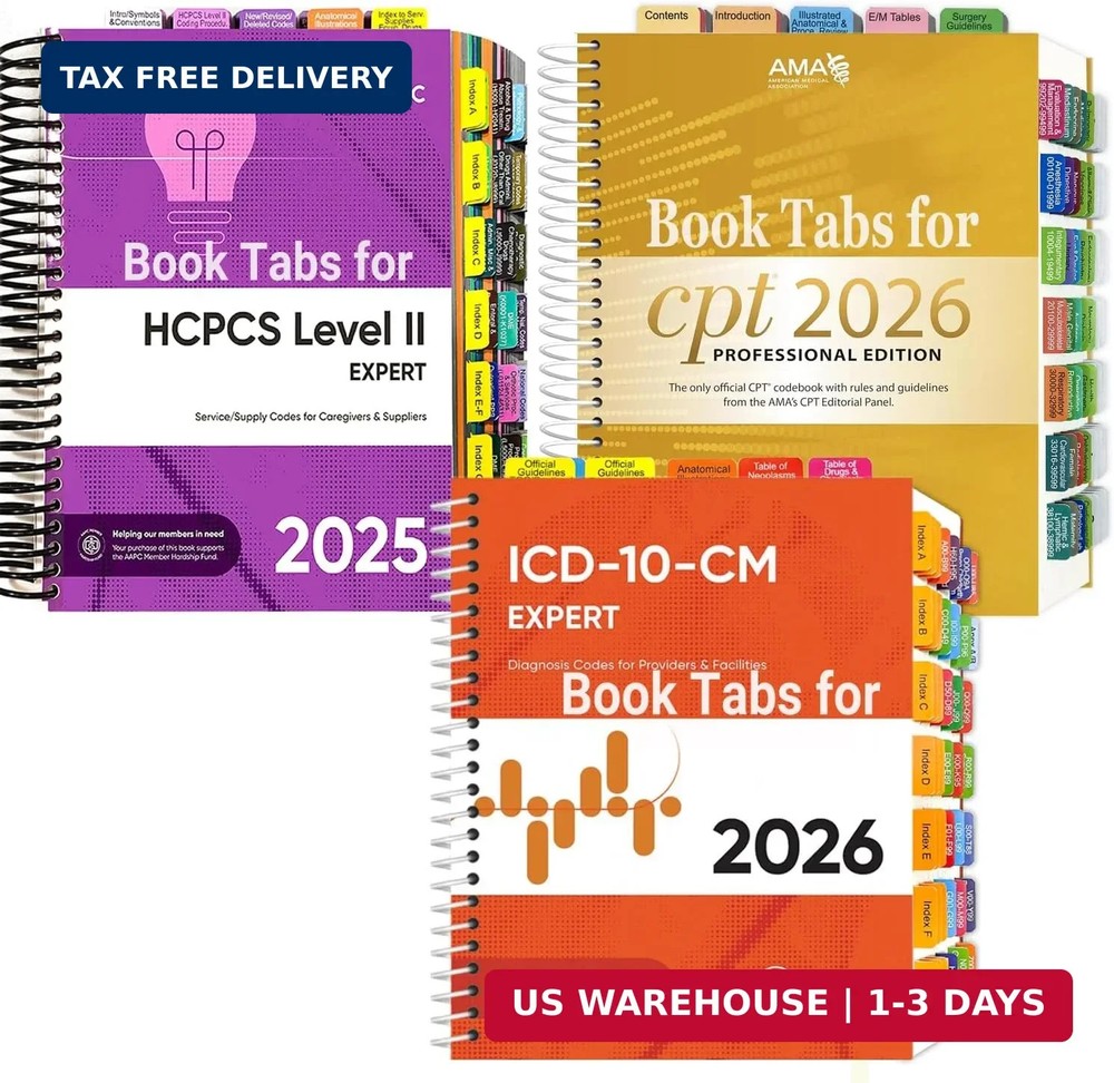 Index Tabs for AMA CPT Book, ICD-10 Code Book, HCPCS Level II Book, 3-Set Bundle