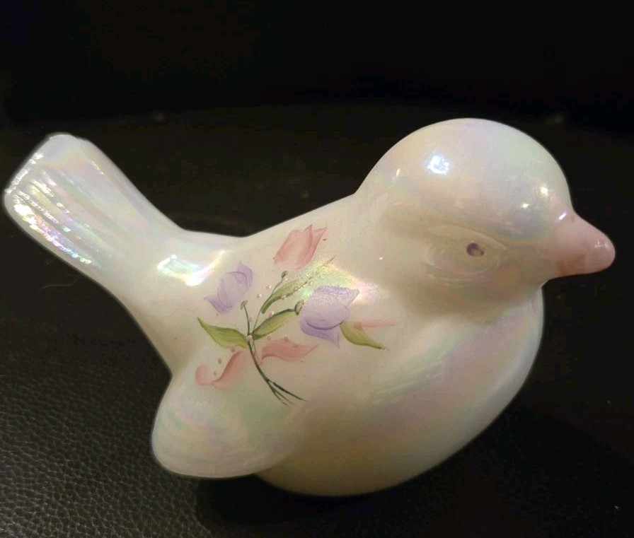 Vintage Fenton Lovebird Iridescent Opal Glass Tulip Hand Painted 4” signed