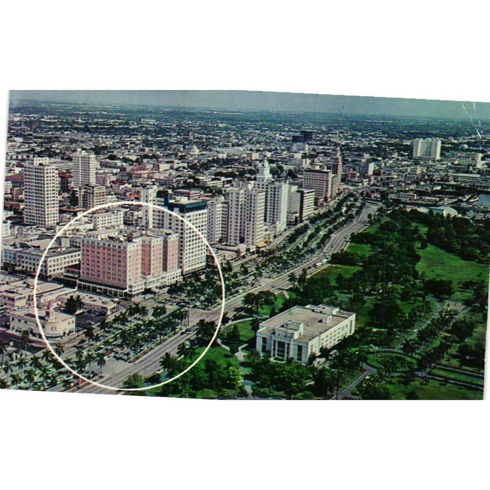 Vintage Miami Florida Postcard Pink McAllister Hotel Biscayne Blvd Aerial View