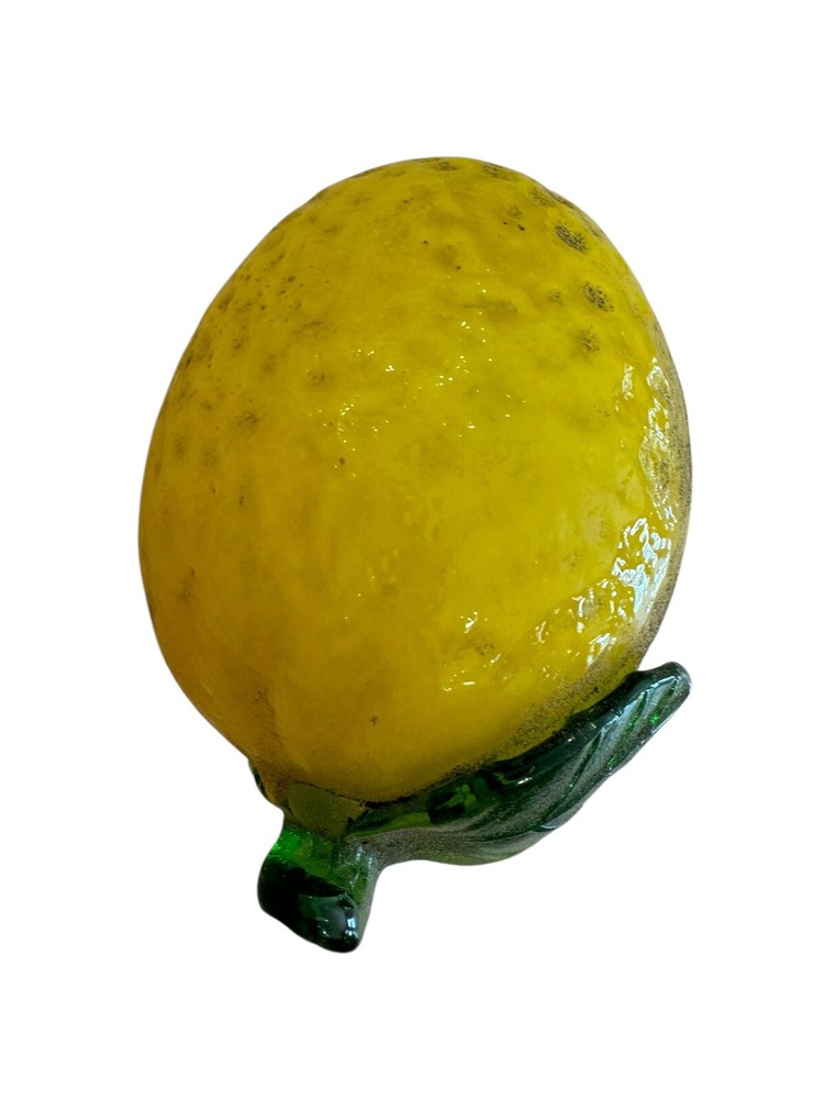 Vintage Hand Blown Yellow/Green Lemon with Leaf Stem Fruit Art Glass Decor Paper