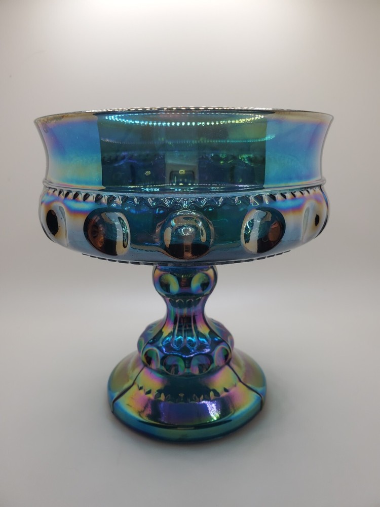 Indiana Glass Pedestal Compote Vintage Blue Iridescent Kings Crown Candy Dish 5
