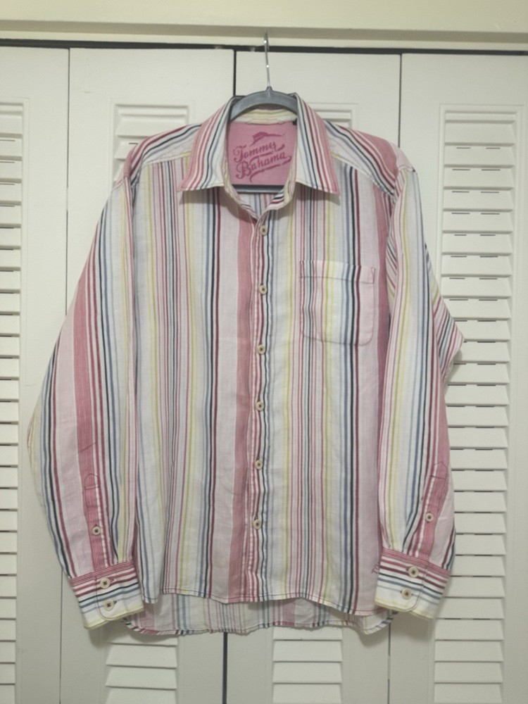 Tommy Bahama Relax Mens XL 100% Linen Multicolor Striped Button Up Top Beach