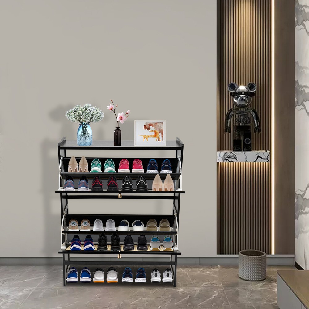 Free Standing Shoe Racks Natural Rattan Shoe Cabinet W/ 2-tier Flip Drawers