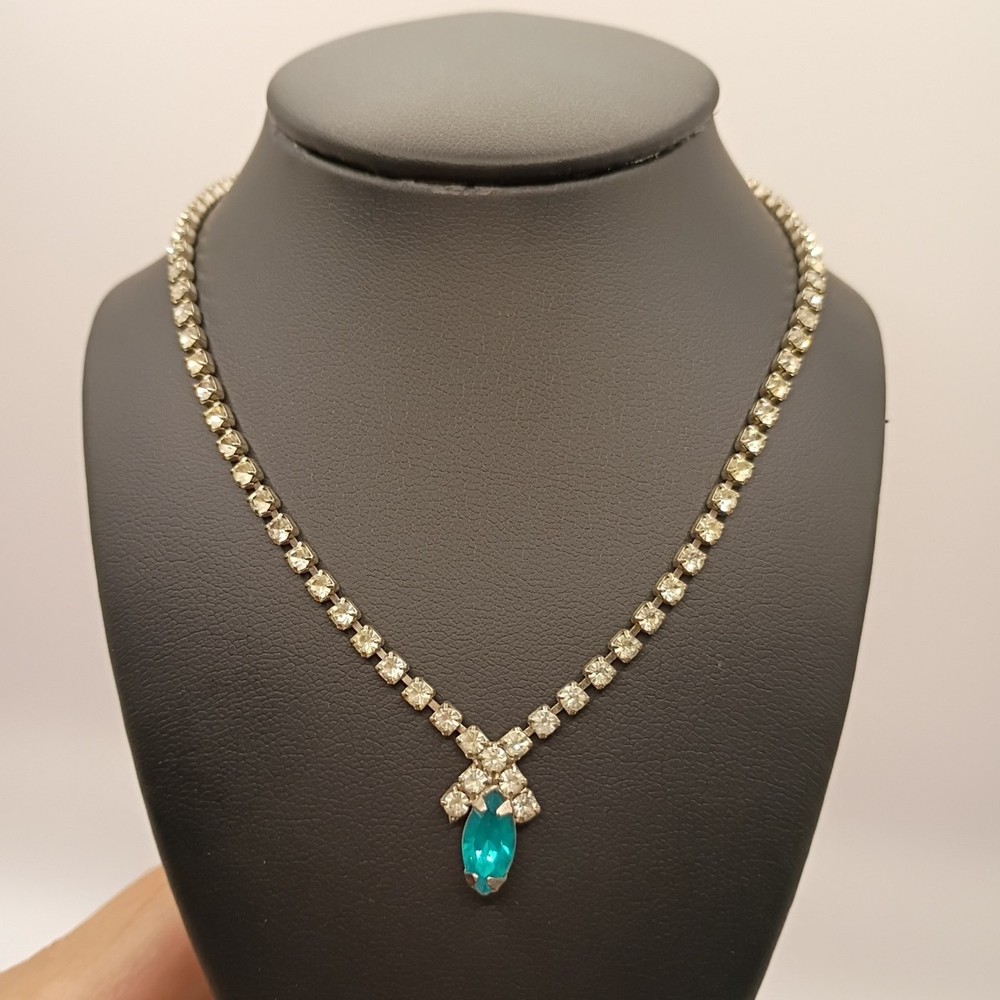 Vintage Rhinestone Necklace Aqua Teal Blue Dainty Silver Tone Bridal Prom 15