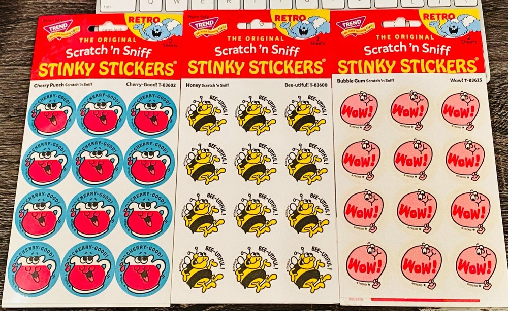 TREND Scratch n Sniff RETRO STINKY STICKERS, CHERRY PUNCH, HONEY, BUBBLE GUM WOW