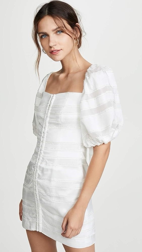 C/MEO Collective Solitude Puff Sleeve Fitted White Mini Dress XXS Coquette
