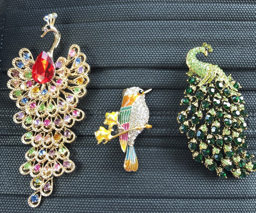 Lot 3 Enamel Rhinestone Bird Brooch Pin Peacock Pendant Pretty Sparkly