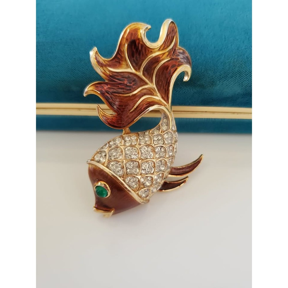 Vintage CROWN TRIFARI Amber Enamel & Clear Crystal Rhinestone Gold Fish Brooch