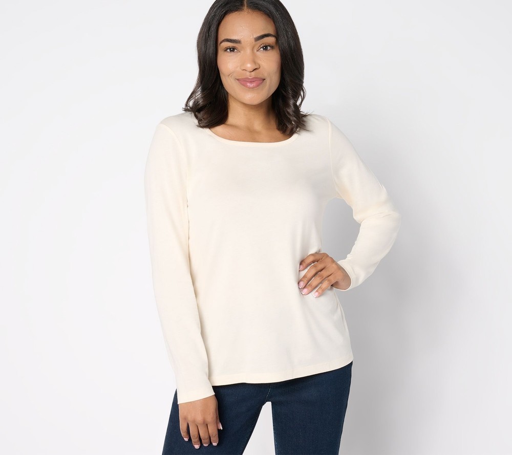 Denim & Co. Women's Top Sz M Essentials Luxe Jersey Square-Neck White A667049