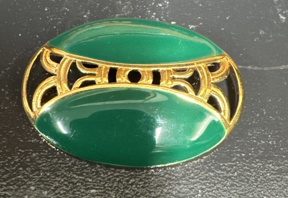 Vintage Monet Green Enamel Brooch Oval Gold Tone 1.75
