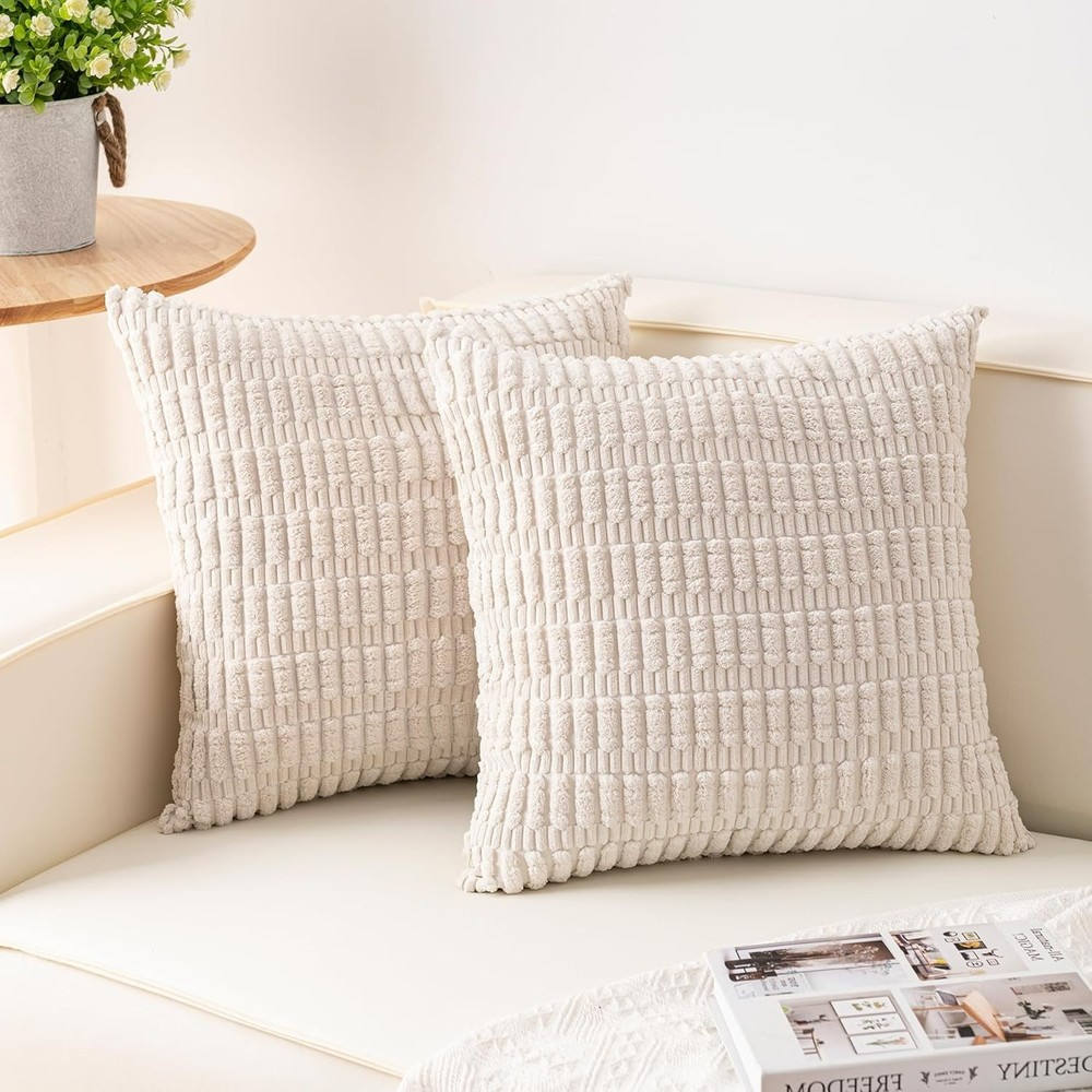Pack of 2 Corduroy Decorative Throw Pillow Covers 18x18 （Cream White）