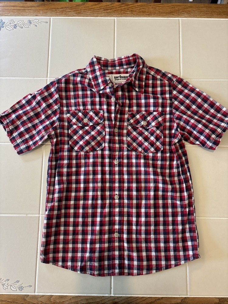 Urban Pipeline collared short sleeve button youth Medium red white blue checker