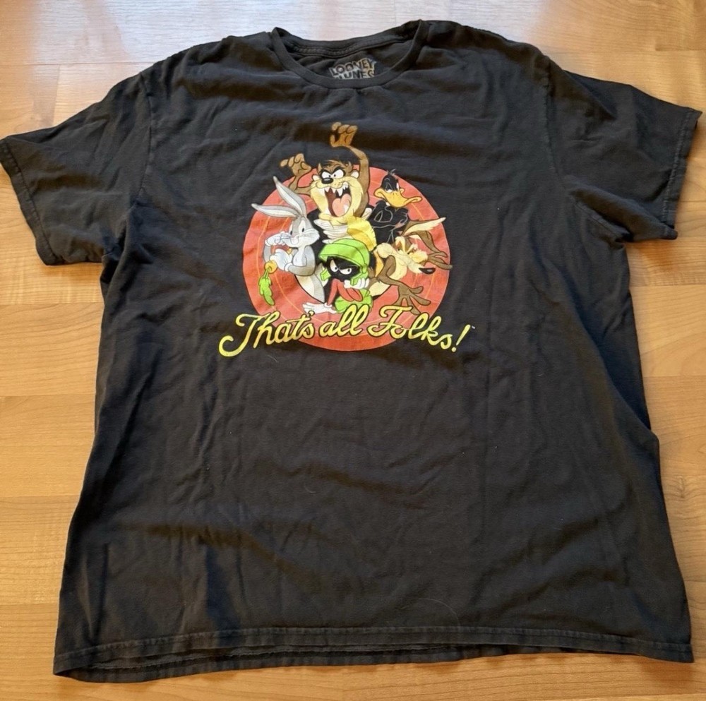 Looney Tunes XL That’s All Folks T-Shirt Black Bugs Bunny Taz Daffy Marvin Retro