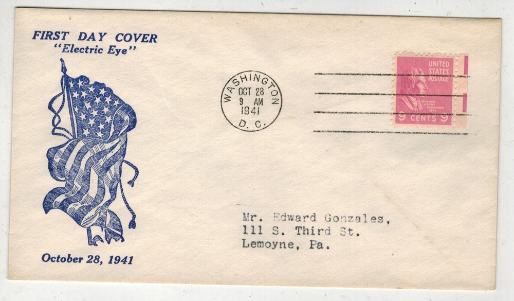 1941 PRESIDENTIAL SERIES IOOR ELECTRIC EYE FDC 814 WILLIAM HENRY HARRISON