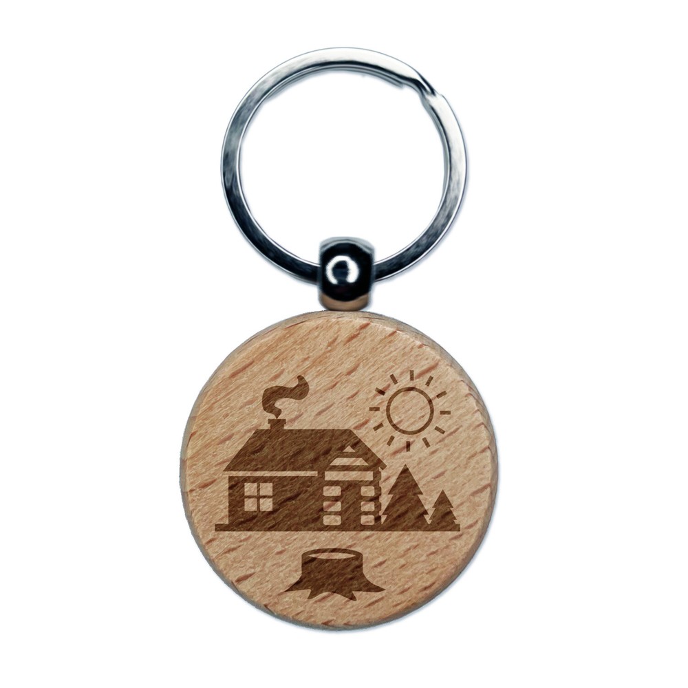 Log Cabin in the Woods Engraved Wood Round Keychain Tag Charm