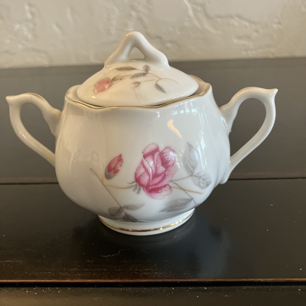 Original [Napco] Hand Painted Floral Pink Rose Sugar Bowl With Lid #0-5418