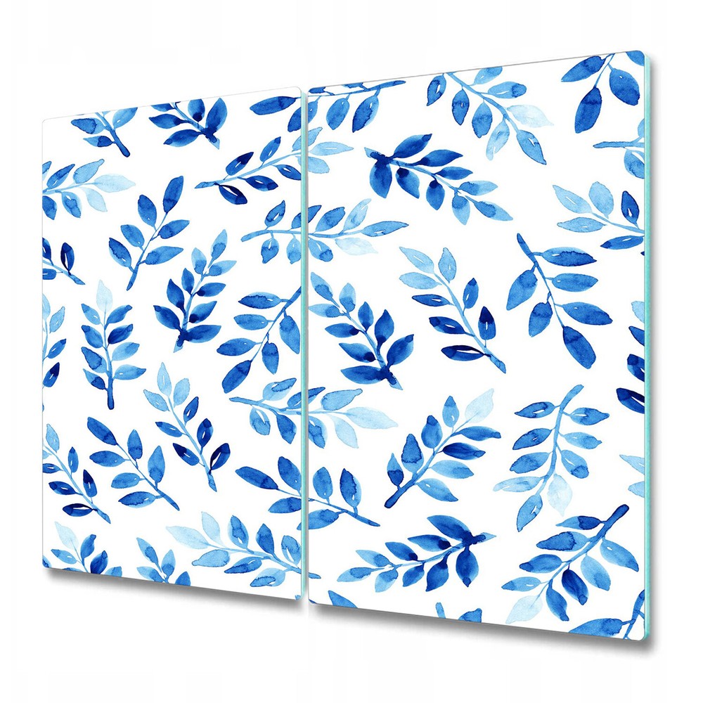 Glass Induction Ceramic Hob Cover Blue Watercolour leaves blue 2x30x52