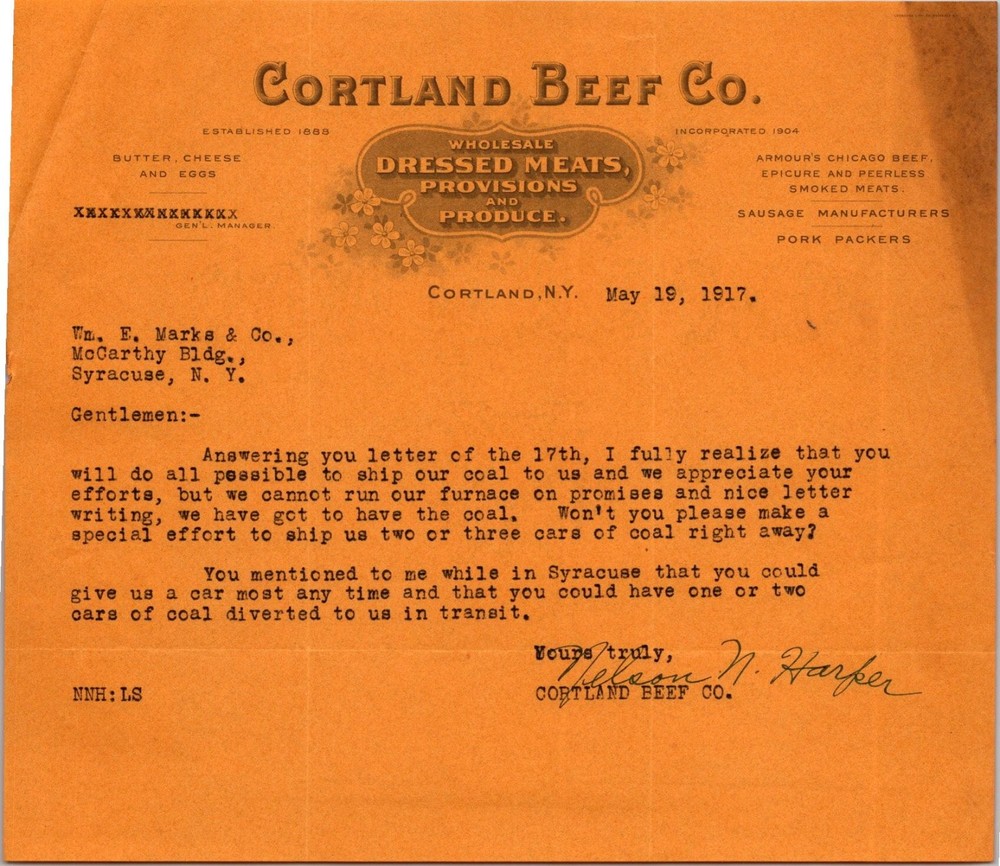 1917 Cortland Beef Co. Letterhead Business Letter NY Ephemera