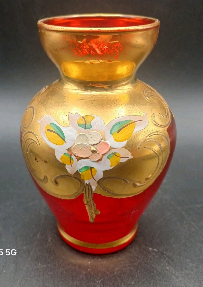 Vintage Murano Ruby Red Hand Painted Floral Motife Gold Gilt Overlay Bud Vase