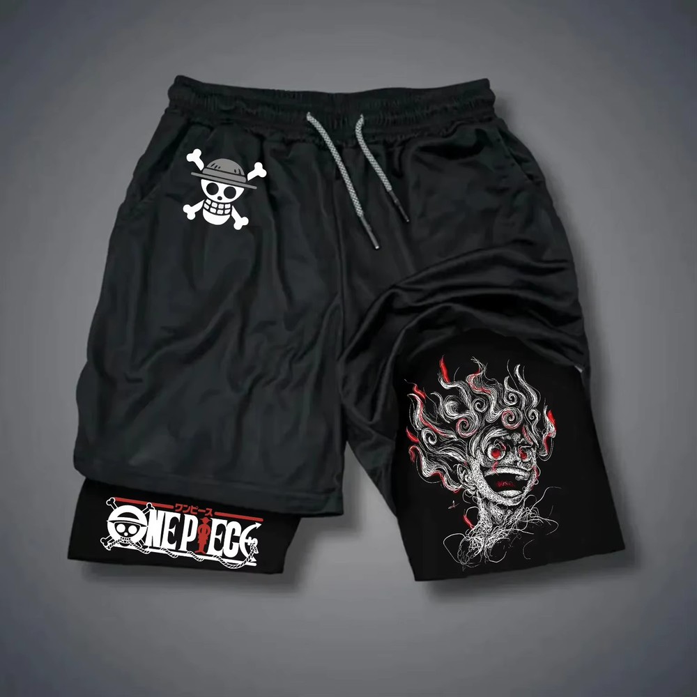 One Piece Luffy Shorts Anime Double Layer Sports Streetwear Men Breathable