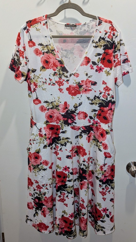 Women's XL Midi-Dress w/ Pockets, White w/ Floral, Short Sleeve, A-Line Dress