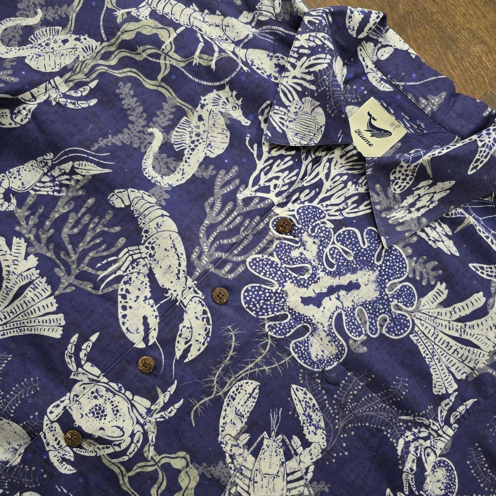 Yiume Shirt Mens M Blue Sea Life Hawaiian Button Up Short Sleeve Casual