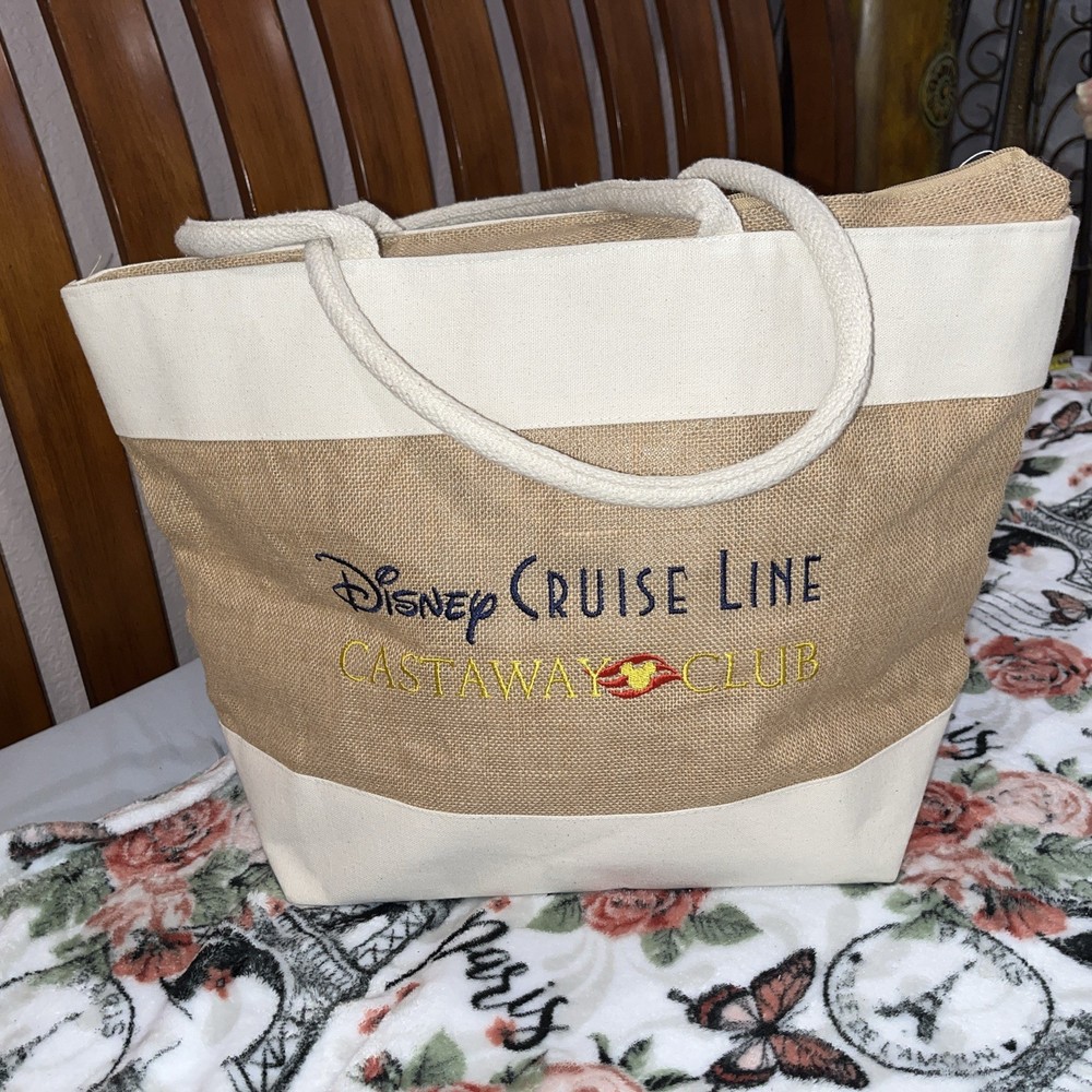 Disney Cruise Line Castaway Club Burlap Canvas Large Zippered Beach Bag Tote