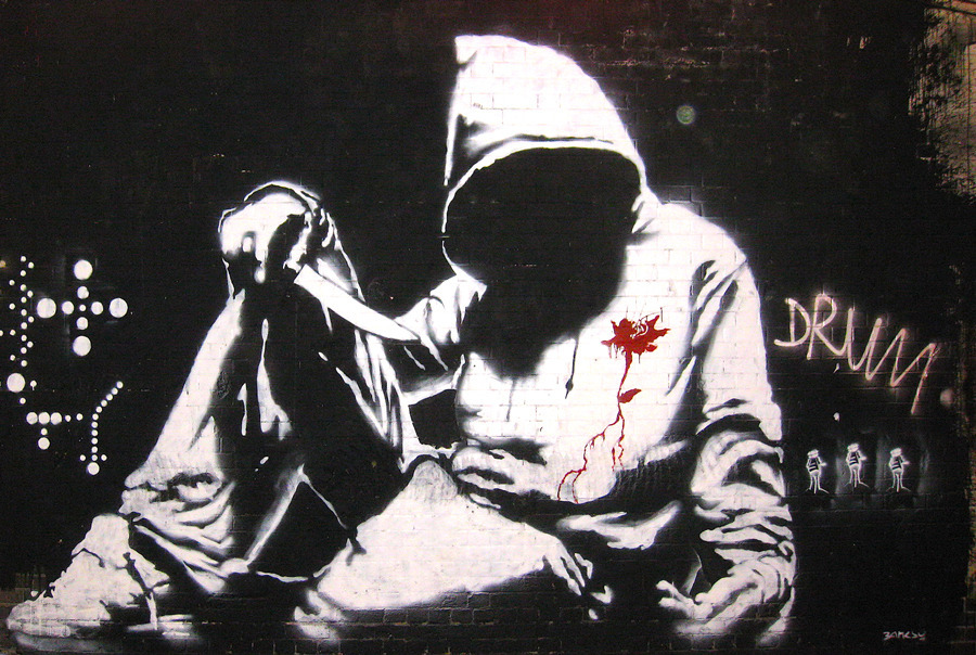BANKSY STREET ART *FRAMED* CANVAS PRINT Hooded boy stabbed 18x12
