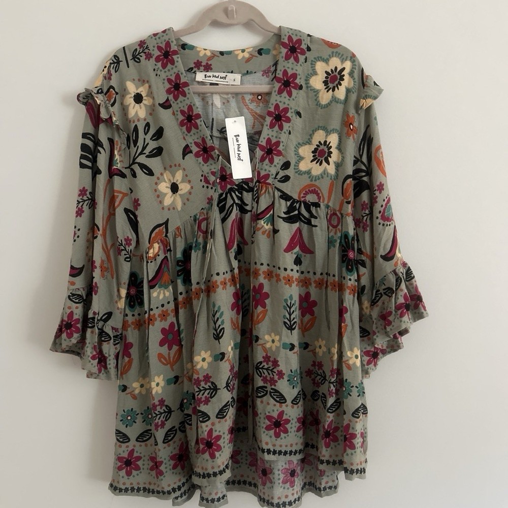 NEW NWT Three Bird Nest Small S Top Shirt Leona Floral Tunic Peasant Boho Hippie