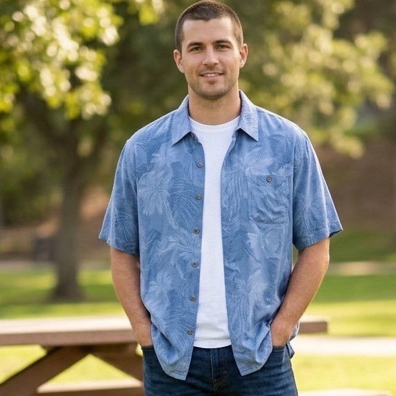 Campia Moda Mens XL Blue Tropical Palm Leaf Rayon Short Sleeve Button Down Shirt