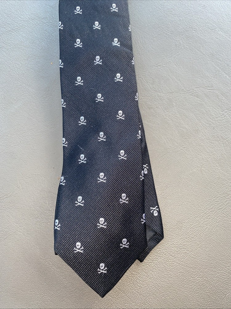 J Crew Black Silk Tie with White Skull Print Made in China