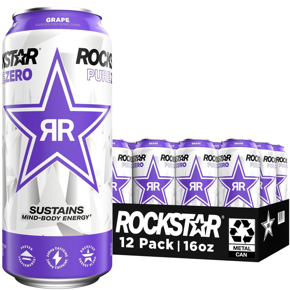 Rockstar Pure Zero Energy Drink Grape 0 Sugar with Caffeine and Taurine 16oz ...