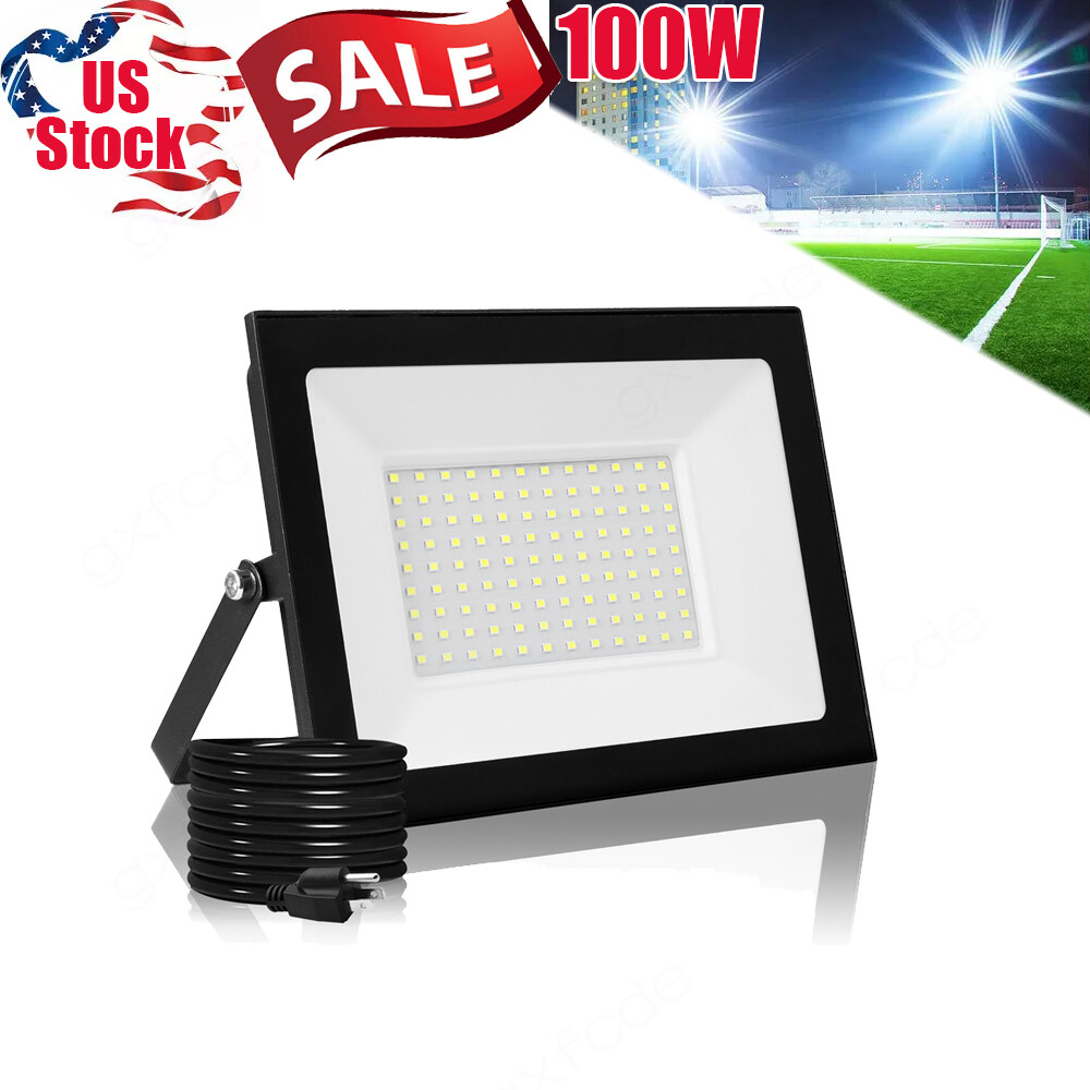 Plug-in 100W LED Flood Light Outdoor Yard Spotlight Security Lamp Cool White