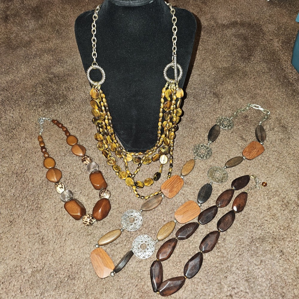 4pc Vintage Brown Beaded Necklace Lot, Animal Print, Wood, Acrylic