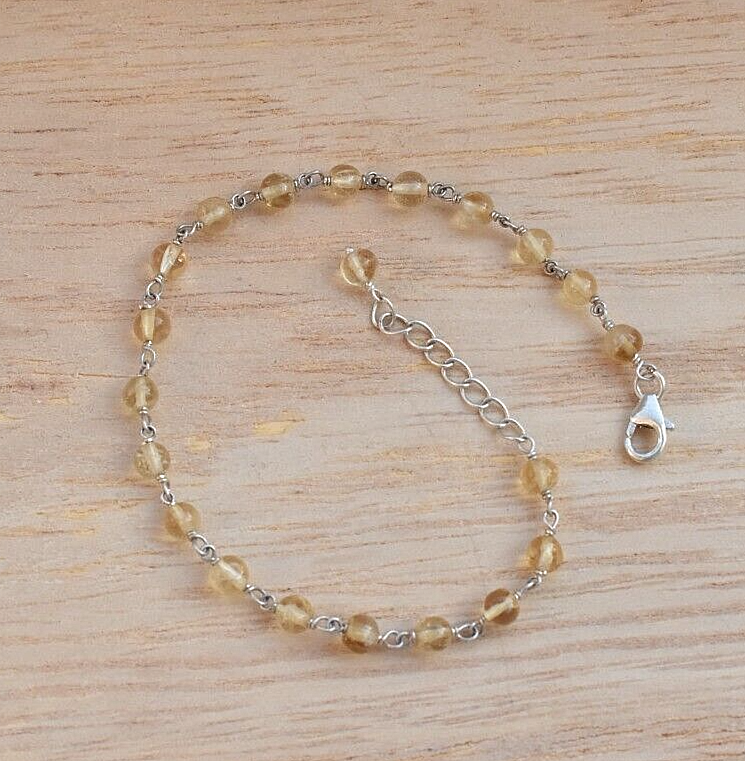 Natural Citrine Adjustable Minimalist Beaded Bracelet 925 Silver Handmade Gift
