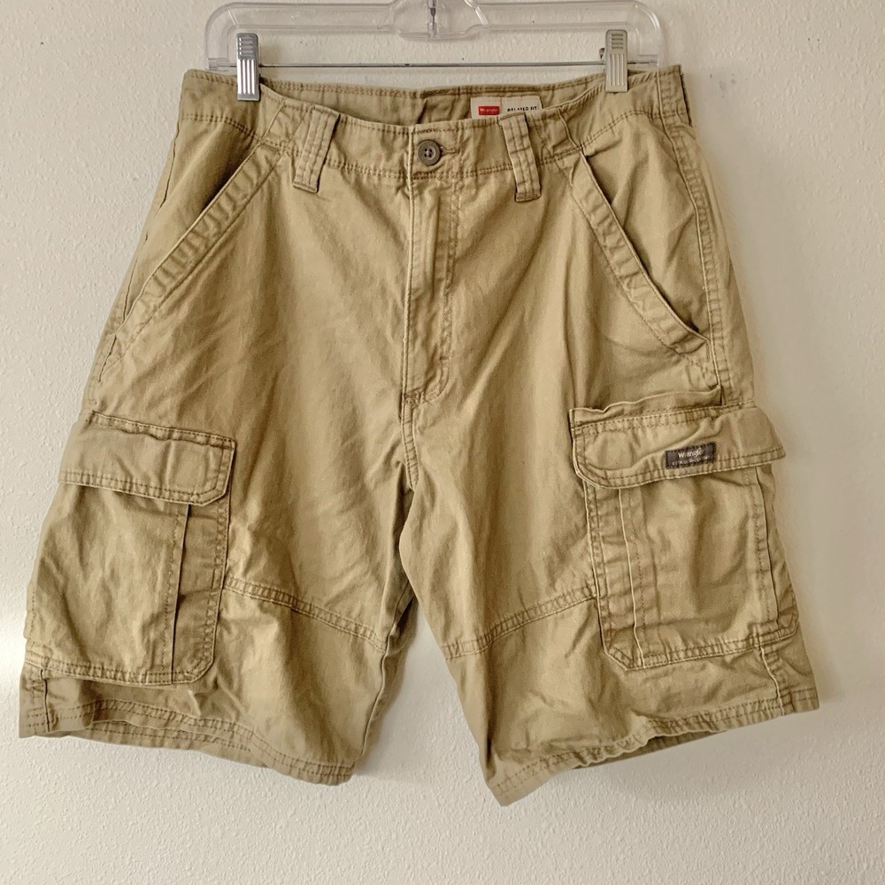 Wrangler Men’s Khaki Cargo Shorts Relaxed Fit Tech Pocket Stretch Casual 33x10